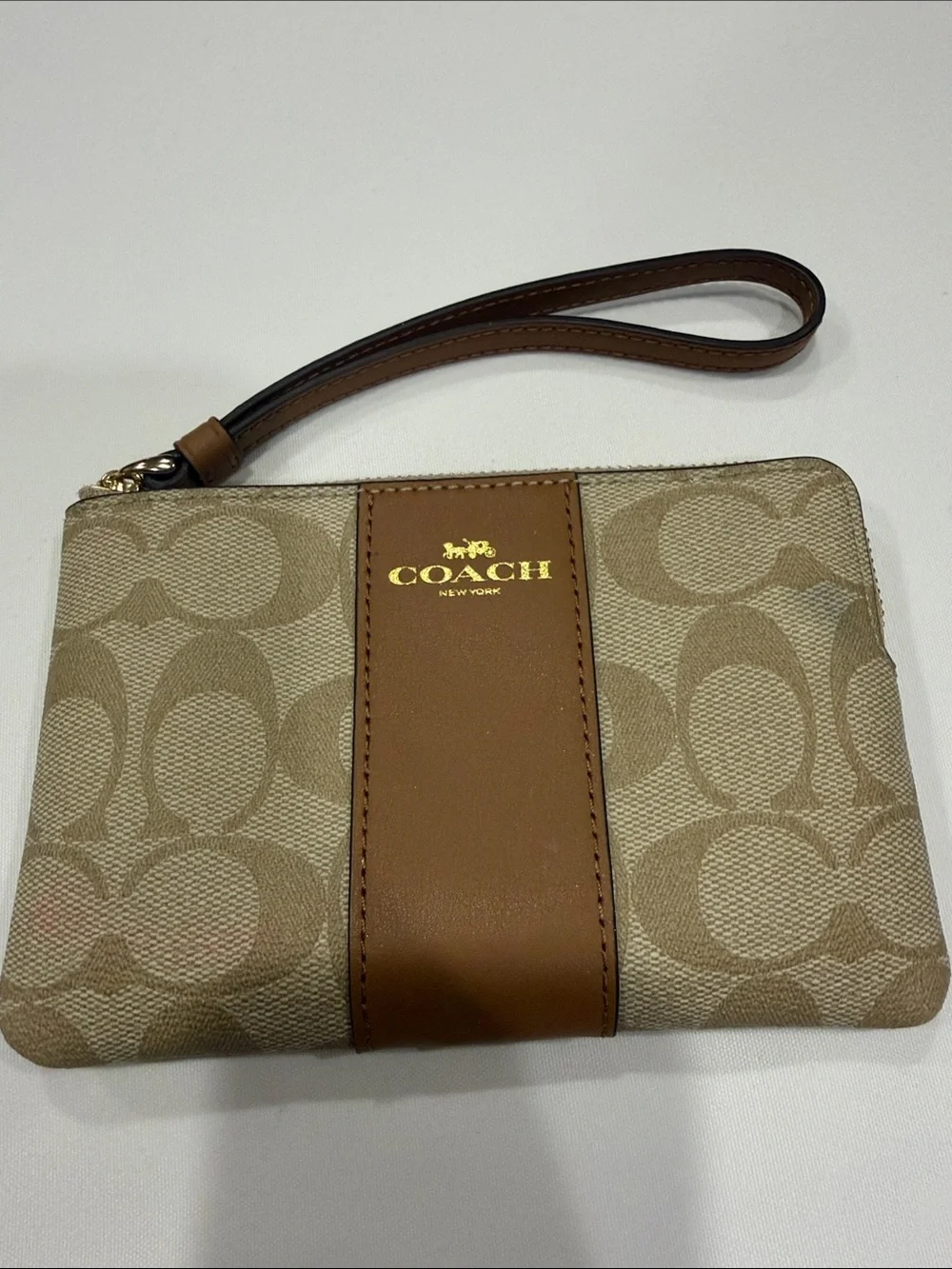 COACH Khaki and Tan Signature Canvas Wristlet